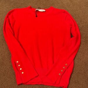 Zara Red Crewneck Sweater with Button Details